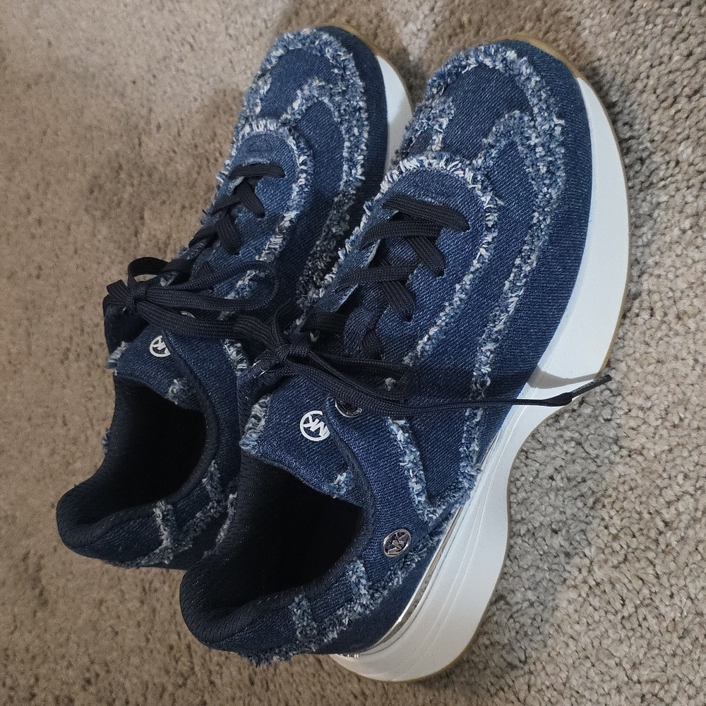 Michael Kors Ari Trainer Frayed Denim Sneakers - Picture 2 of 11